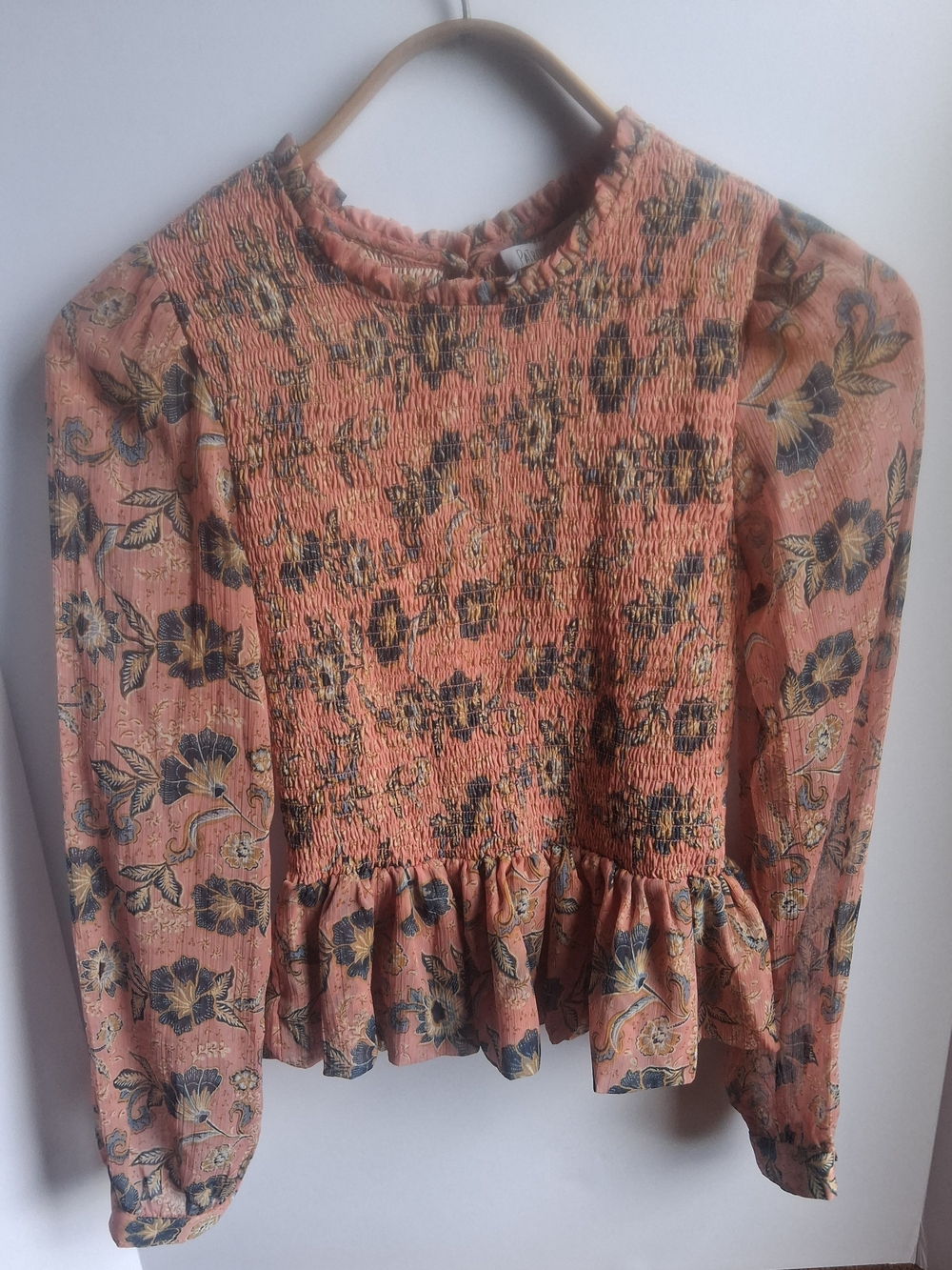 Patrons Of Peace Smocked Bodice Peplum Blouse Pink Blue XS Cottagecore Romantic